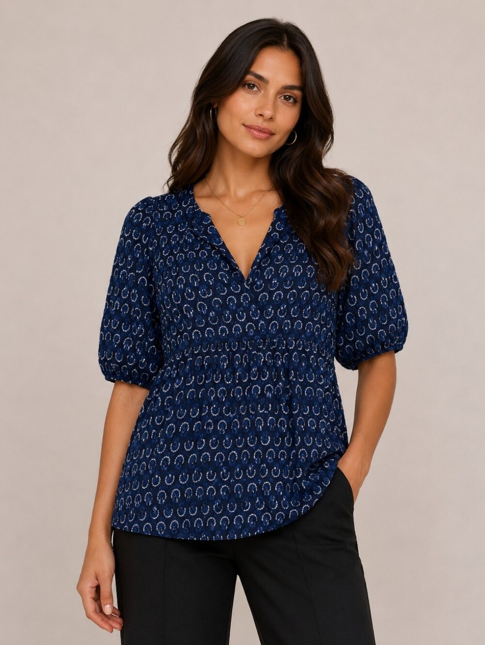LOFT Navy Printed Short Sleeve Tie-Front Top Size